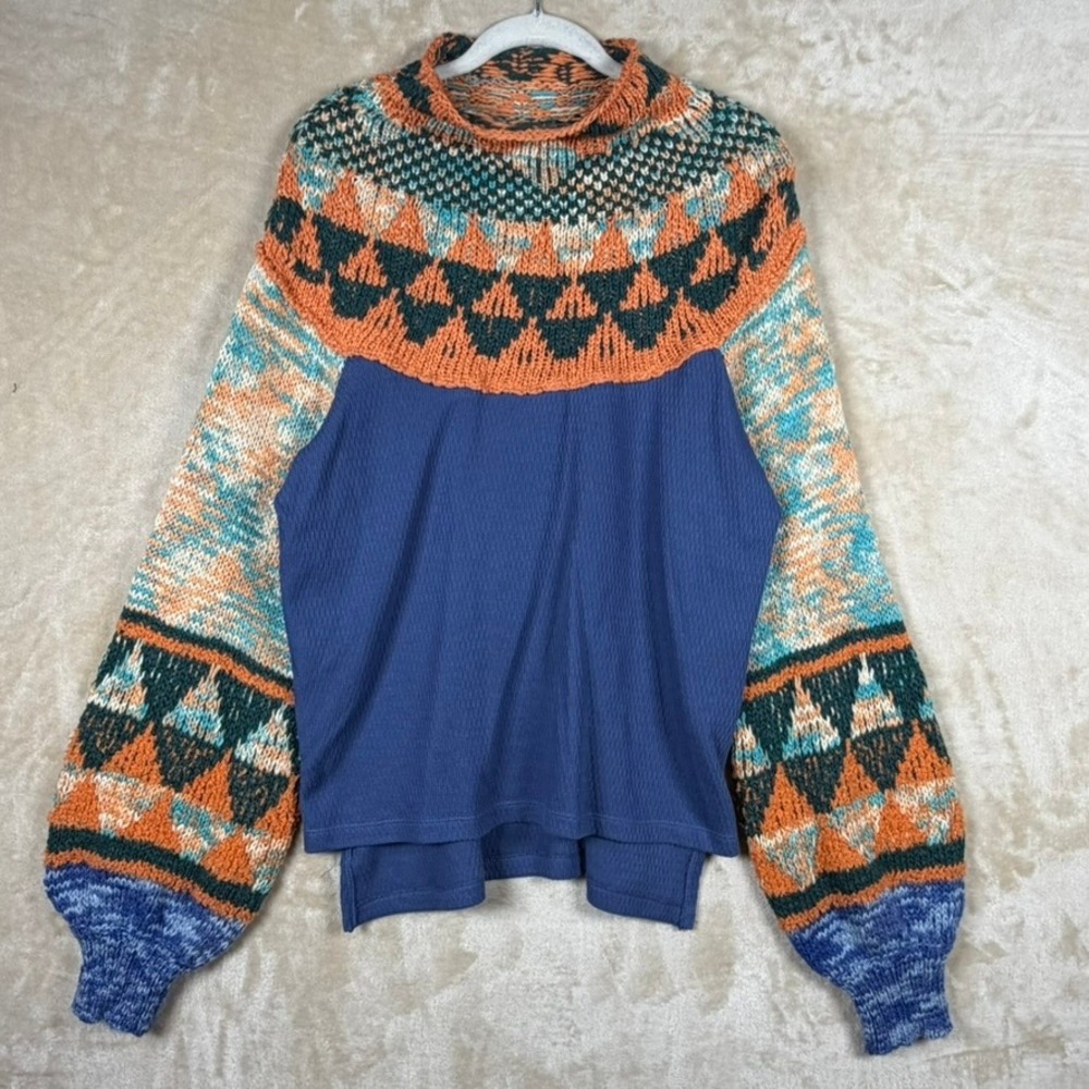 Free People Large Mixed Media Fair Isle Thermal Sweater Blue Orange Boho Chunky